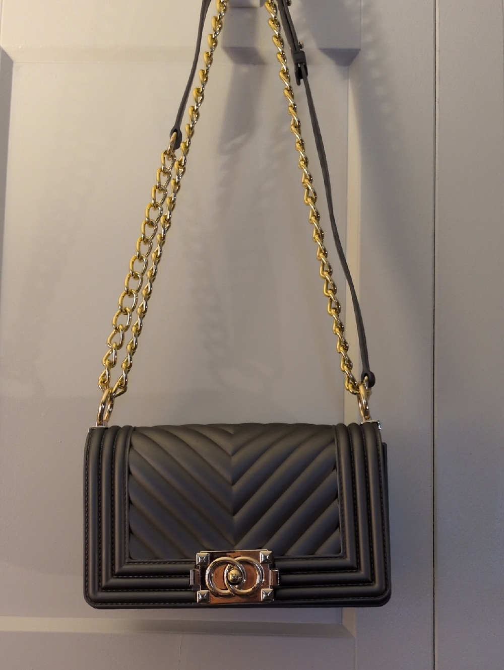 Grey Quilted Jelly Chain Shoulder Bag with Gold Hardware